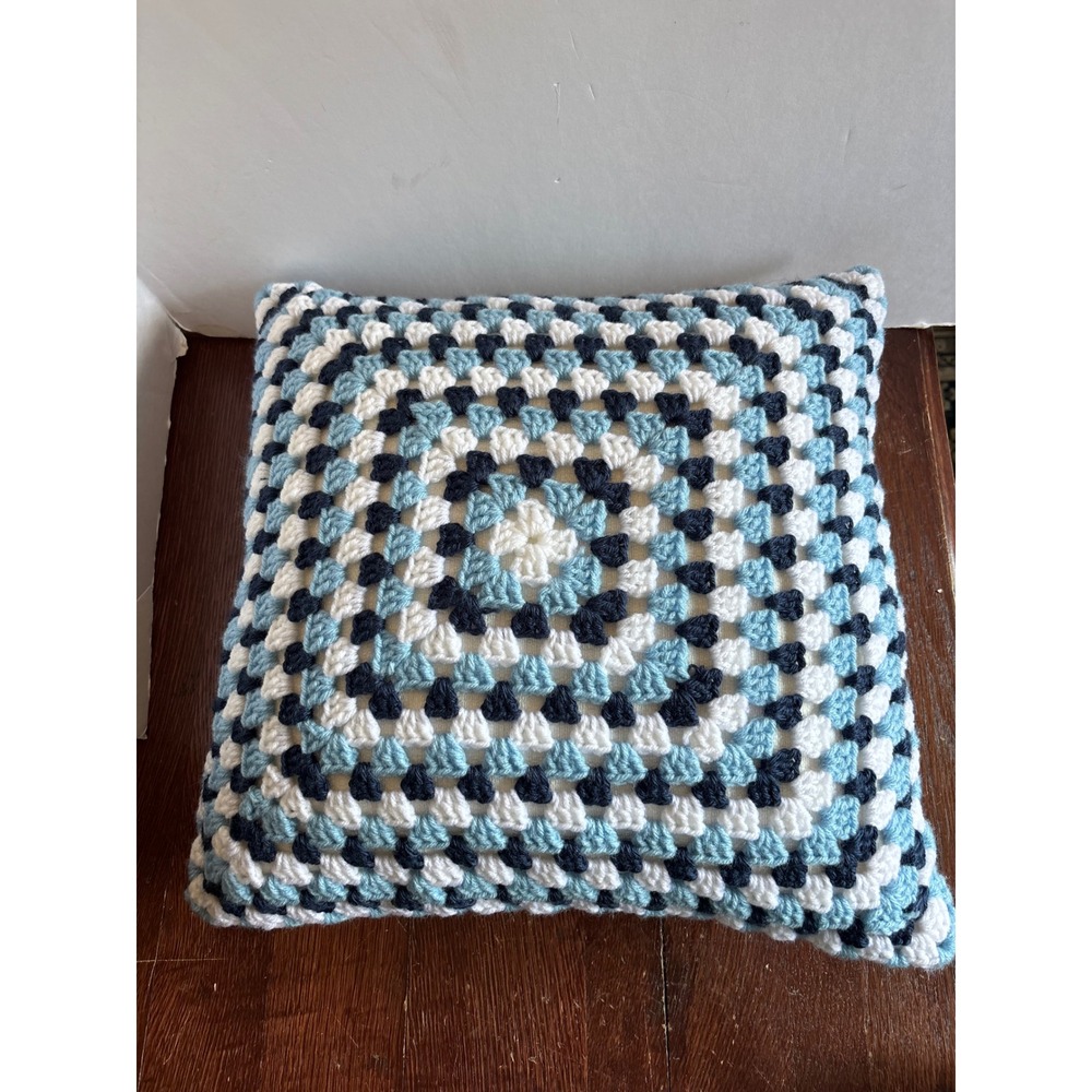 Handmade Crochet Granny Square Throw Pillow Blue White 14x14 Decorative Cushion